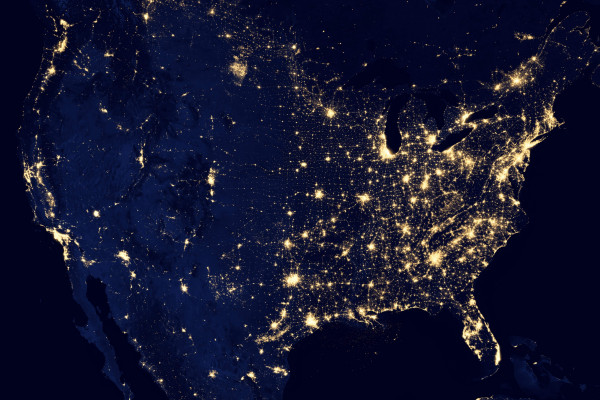 Nasa marble map of lightpollution in the cities of the United States